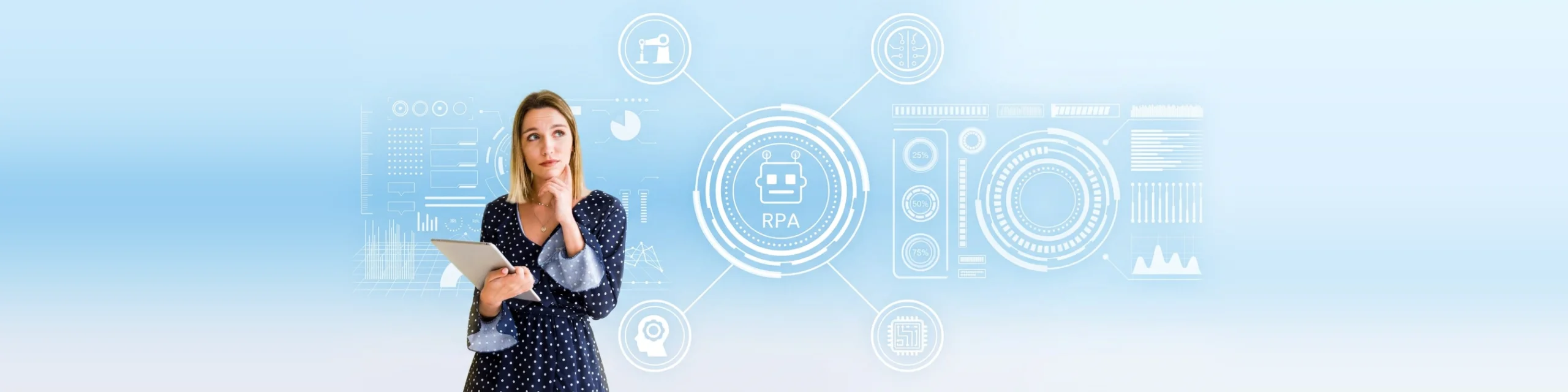 Professional with a tablet beside an RPA automation diagram with a robot icon and connected tools