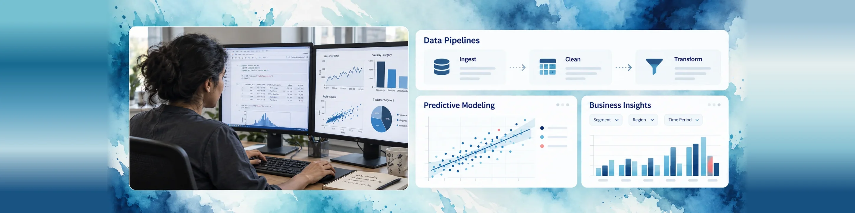 Analytics dashboards showing business metrics and quality scores