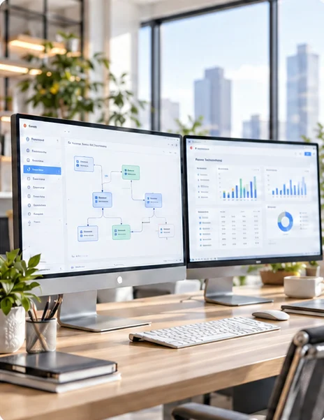 Two monitors on an office desk showing a workflow diagram and an operations dashboard